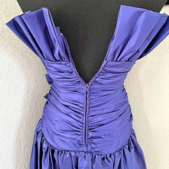 VINTAGE 80s Prom Glam Nili Martin Ruched Bow Strapless Purple Party Dress Sz XS - Picture 5 of 16